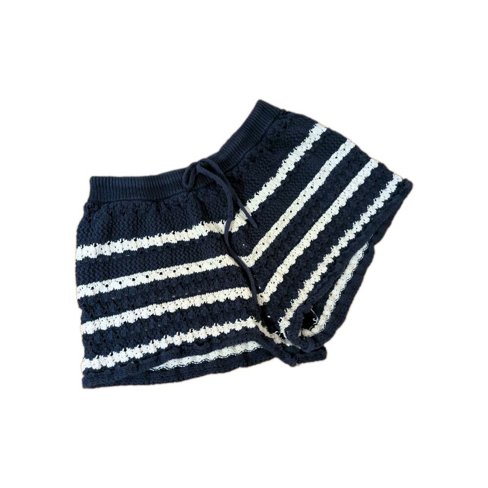 Boho Coastal Beach House Of Harlow Striped Shorts Navy White Crochet Drawstring - Picture 2 of 4